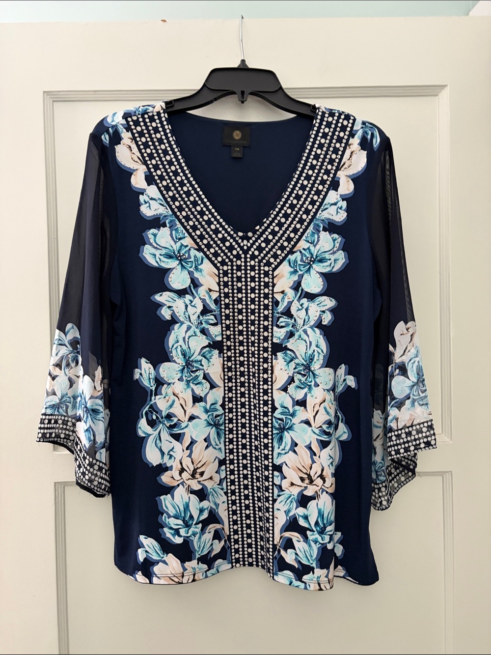 JM Collection Navy Floral V-Neck Tunic with Beaded Trim